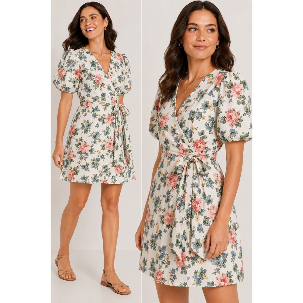 Old Navy Floral Linen Blend Puff Sleeve Wrap Dress XL White Pink Cottagecore